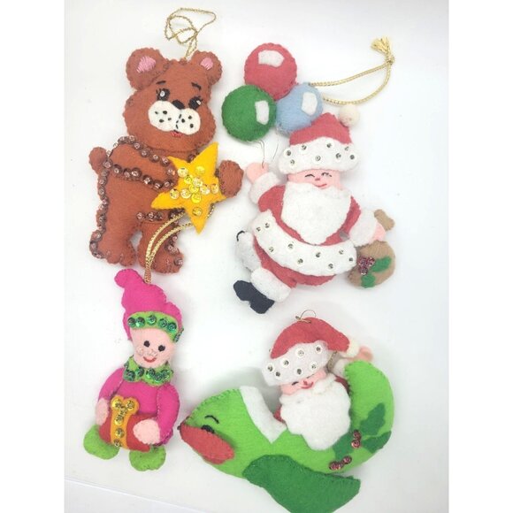Homemade Other - VTG Handmade 70s 80s Christmas Ornaments Felt beaded Santa Bear Elf Re…